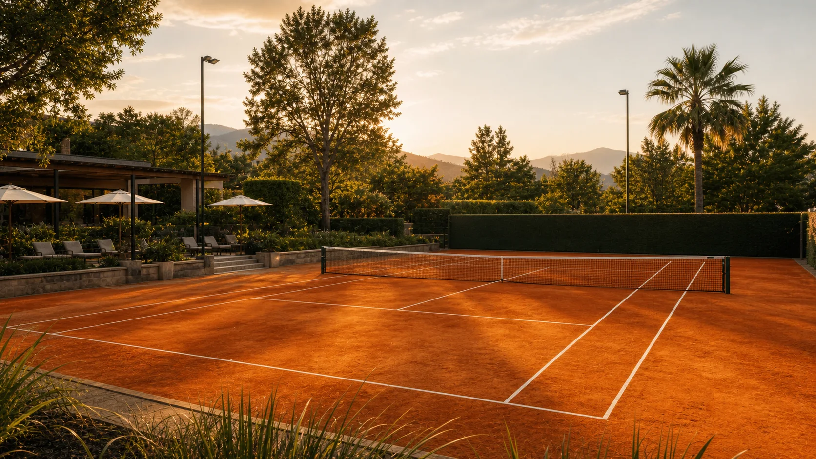 Cancha de tenis de polvo de ladrillo en un entorno natural